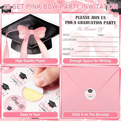 Marspark 25 Set Coquette Pink Bow Graduation Party Invitations Cards with Envelopes and Stickers Graduation Cap Shaped for College High School Grad Celebration Party Supplies, 5 x 6 Inch