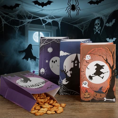 24 PCS Halloween Paper Bags with Stickers for Trick or Treat Snack Goodie Candy Gift Wrap Halloween Ghost Castle Spider Bat Witch Pouch Horror Theme Birthday Party Favors Supplies Decorations