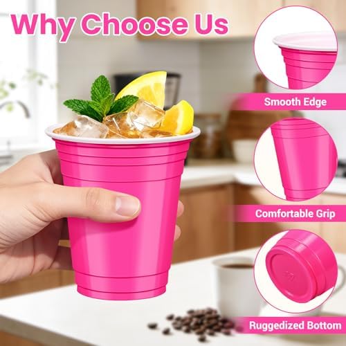 50 Pcs Hot Pink Plastic Cups, 12 oz Disposable Cups for Party