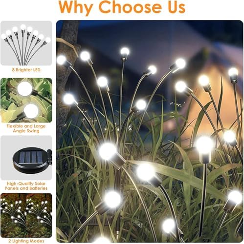 Solar Garden Lights Outdoor 8 Pack 64 LED Solar Firefly Lights Cool White