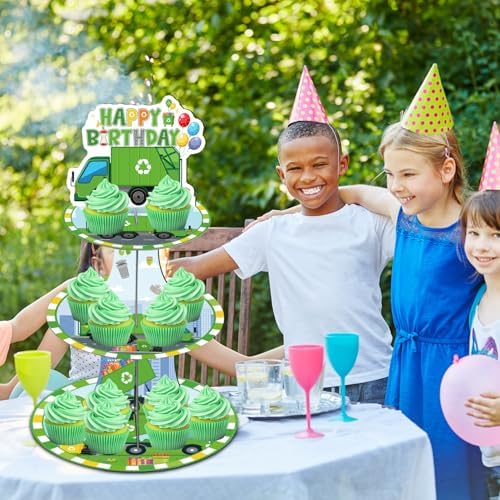 Keluna Trash Truck Birthday Decorations - 3 Tier Garbage Truck Cupcake Stand for Boys Birthday Party Table Decor, Trash Truck Party Supplies Dessert Cake Holder
