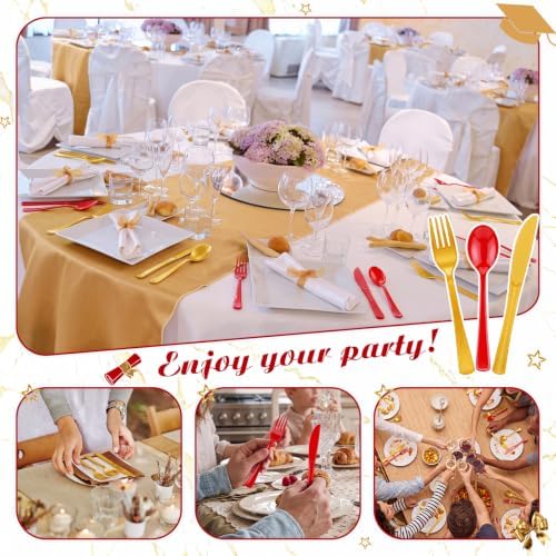 Minatee 180 Pcs Pearlescent Gold and Red Plastic Silverware Heavy Duty Cutlery Sets Disposable Utensils for Holiday Birthday Themed Party Supplies, 60 of Each Forks Knives Spoons