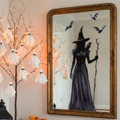 Halloween Decorations Window Clings, 3 Large Witch Window Decals Double Sided Window Clings, Spooky Witch Black Cat Bats Gothic Decor for Glass Windows, Holiday Party Home Indoor Decoration, 3 Sheets