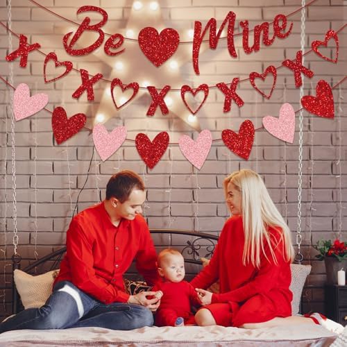 Valentine's Day Decorations - 3-Pack Pre-Strung Be Mine & XOXO & Heart Glitter Banners, No DIY Required, Romantic Decor for Home Classroom Office Wedding Party Anniversary