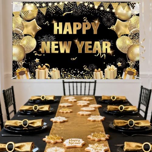 2026 Happy New Year Banner Backdrop Fabric Black Gold Design for Photo Booth Background New Years Eve Party Decorations 71 x 43 inch