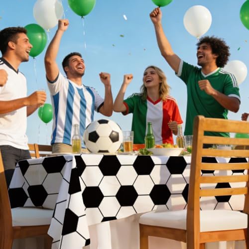 6 Pack Soccer Party Premium Disposable Plastic Tablecloth 54" x 108" Table Cloths Include 3 Black＆White and 3 Green for 6 to 8 Foot Sports Ball Theme Decoration Supplies (Soccer)