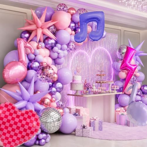 K POP Music Birthday Decorations, 162Pcs Pink Purple Balloon Garland Arch Kit with Music Note, Disco Ball, Checkered Heart, Lightning and Star Foil Balloons for Movie Singer Theme Party