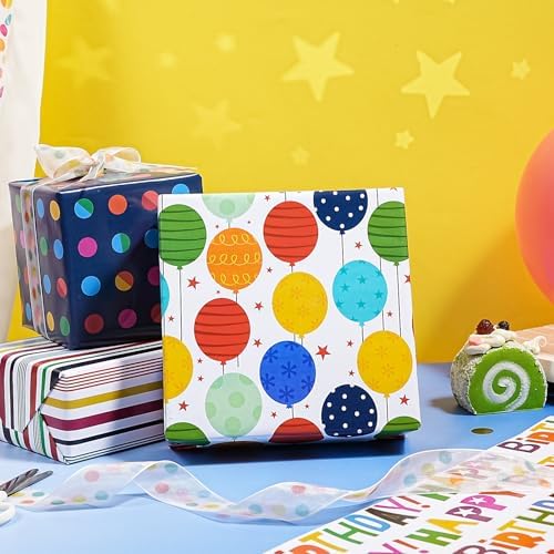 WRAPAHOLIC Birthday Wrapping Paper Sheet - 12 Sheets Folded Flat - Colorful Happy Birthday and Balloons 4 Design for Boys Girls Kids Birthday, Baby Shower - 19.7 inch x 27.5 inch Per Sheet