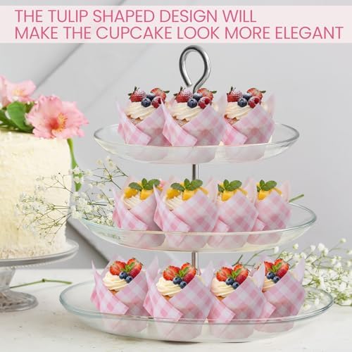 Maxdot 200 Pcs Pink Gingham Tulip Cupcake Liners for Baking Plaid Paper Muffin Baking Cups Checkered Tulip Muffin Liners Wrappers for Bridal Baby Shower Wedding Birthday Party Decor