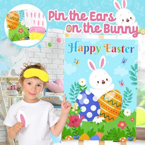 Pin The Ears on The Bunny Game for Kids, Happy Easter Rabbit Poster with 24Pcs Stickers Fun Family School Classroom Activities Spring Holiday Egg Hunt Birthday Party Decoration Supplies Wall Decor