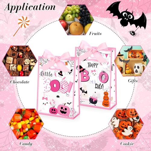 Capoda 24 Pcs Boo Pink Gift Bags Plastic Die Cut Handles with Ribbon