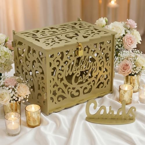 Jolik Wedding Card Box with Sign, Large Rustic Locking Money Box Holder for Wedding Reception, Gift Card & Envelope Storage, DIY Anniversary & Birthday Party Decoration (Gold)