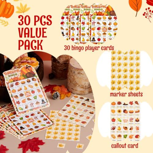 JOYIN 30-Player Thanksgiving Bingo Game Cards for Kids & Family Activities, School Classroom Party Games, Autumn Holiday Favors Supplies
