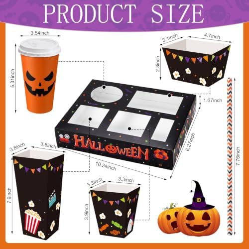 Bokon 172 Pcs/ 24 Sets of Halloween Movie Night Snack Trays Trick or Treat Summer Halloween 3 Sizes Snack Popcorn Boxes, 16 oz Disposable Drinks Cups, 50 Straws, Sealing Stickers for Party Decoration