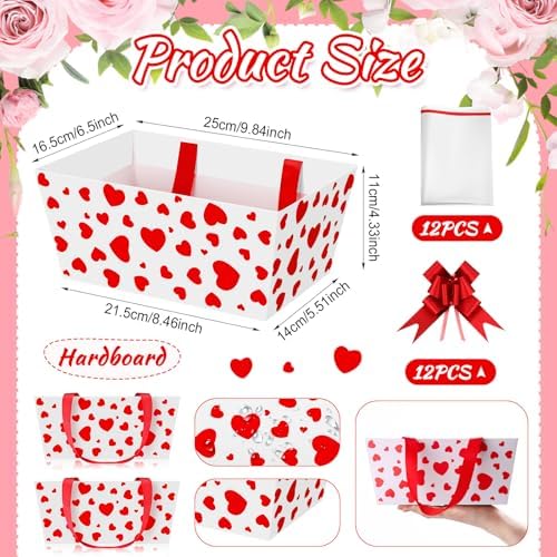 Moinchore 12 Set Mother's Day Basket for Gifts Empty 9.8x6.5'' Red Heart Market Tray Cardboard with Bows, Cellophane Bags, Twist Tiles, Empty to Fill for Valentine Birthday Bridal Wedding Party Supply
