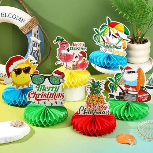 10 Pcs Summer Christmas Decorations, July Summer Christmas Table Honeycomb Hawaiian Christmas Party Toppers Summer Beach Decorations for Christmas Holiday Supplies