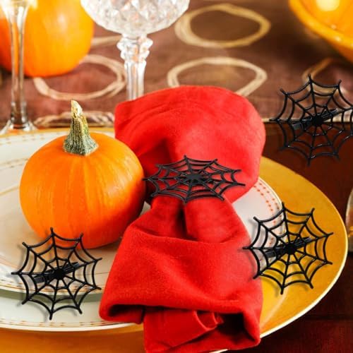 Halloween Spider Web Napkin Rings Set of 6, Halloween Napkin Buckle Metal Spooky Serviette Napkin Rings Holder Table Dining Kitchen Room Decoration (Black, M)