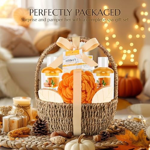 Bath Spa Gift Basket, Honey Almond 8pcs Bath & Body Gift Set for Women