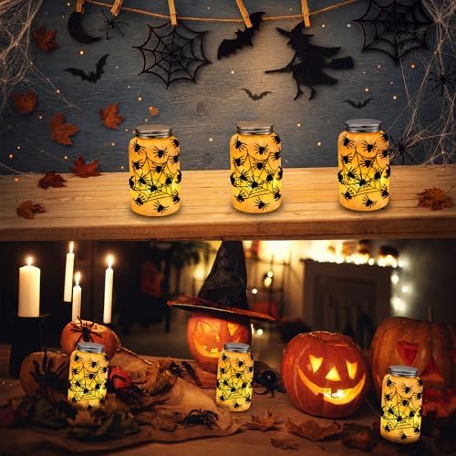 Qinyoung 12 Pcs Halloween Spiderweb Craft Spiders Mason Jars with LED Light