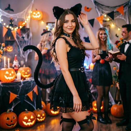 DRESHOW Cat Kitten Ears Headband Tail Heart Choker Necklace Costume Set for Women Halloween Cat Cosplay Costume Party Dress Accessories