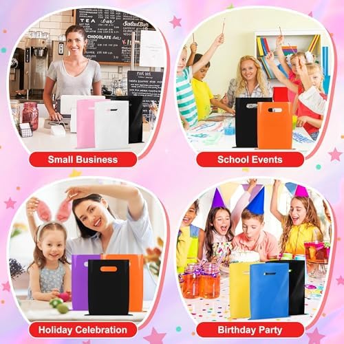 VieFantaisie 50 PCS Black Party Favor Bags, 8" x 11" Goodie Bags for Candy Treat Craft Easter Egg, Plastic Gift Bag with Die Cut Handles for Birthday Party, School Events & Small Business, Wedding