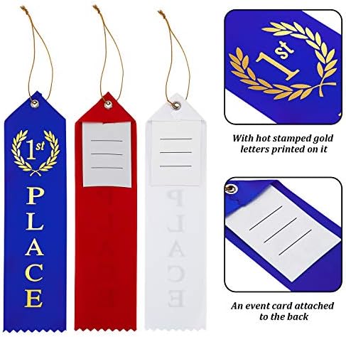 45 Pieces Award Ribbons 1st, 2nd, 3rd Place Flat Carded Set First Place Prizes with Event Card and Rope for Competition, Sports Event, School, Contests, Blue Red White