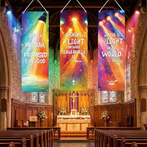 Moukeren 3 Pcs 4 Pcs Church Banners with Scripture Religious Worship Banner Christian Porch Sign Jesus Hanging Backdrops for Spring Summer Indoor Outdoor Sanctuary Wall Decor (Illumination)