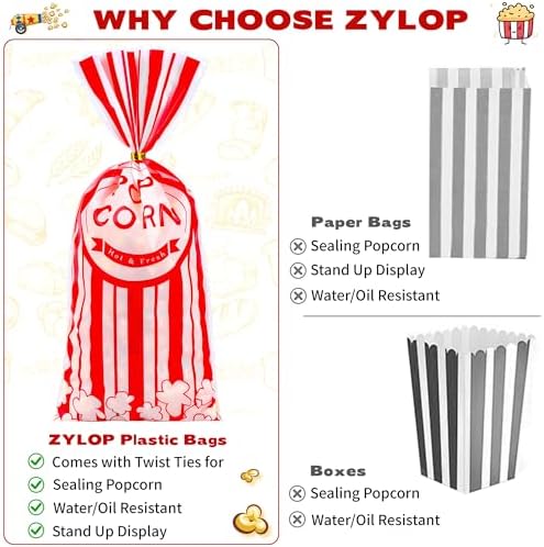 ZYLOP 100 Pcs Popcorn Treat Bags - 5" x 11" Red and White Striped Cellophane Candy Bags for Carnival Circus Theme Party, 100 Pcs Popcorn Goodie Bags with 60 Gold Twist Ties for Birthday, Movie Night