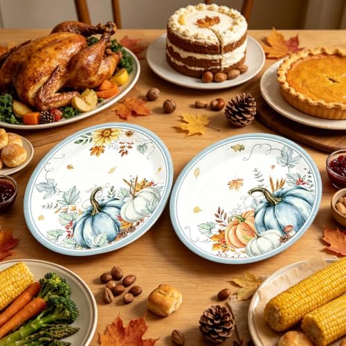 50Pcs Thanksgiving Oval Paper Plates 10" x 12" Fall Watercolor Pumpkins