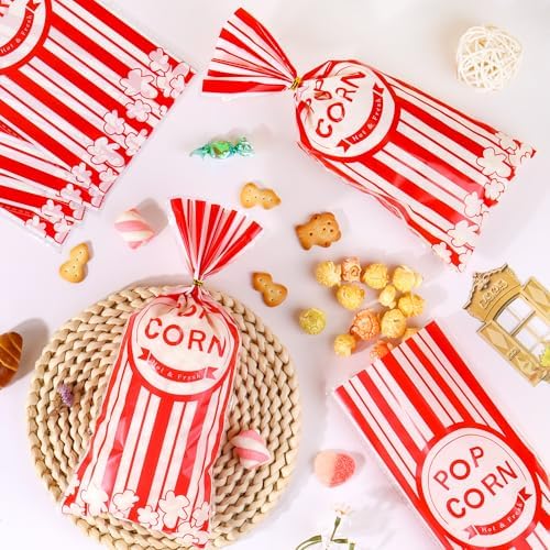 ZYLOP 100 Pcs Popcorn Treat Bags - 5" x 11" Red and White Striped Cellophane Candy Bags for Carnival Circus Theme Party, 100 Pcs Popcorn Goodie Bags with 60 Gold Twist Ties for Birthday, Movie Night