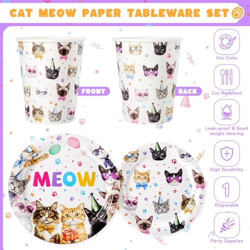 Cats Birthday Party Plates Set,168PCS Cat Birthday Tableware Party Supplies