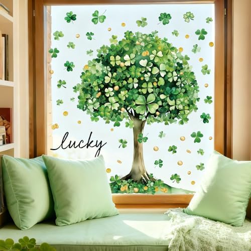 Whaline 6 Sheets St. Patrick' s Day Window Clings Large Lucky Clover Green Shamrock Tree Window Decal Reusable Anti-Collision Windows Decor for Irish Holiday Party Supplies