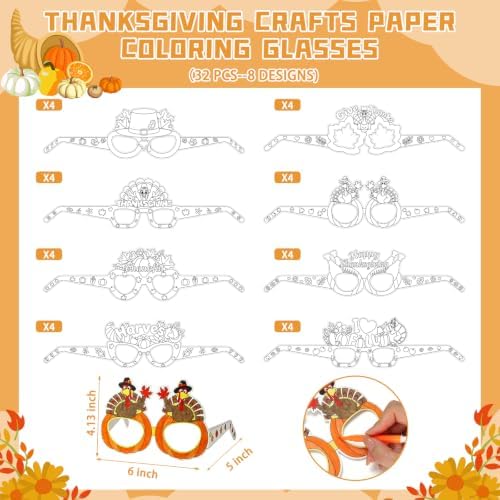 MUOUAKATE 32Pcs Thanksgiving Fall Crafts for Kids Coloring Glasses Bulk