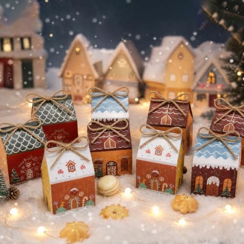 ONESING 24 Pcs Small Christmas Treat Boxes, Mini Gingerbread House Candy Boxes for Party Favors, Treats Packaging, Goodie Bags, Holiday Snacks, Xmas Decor
