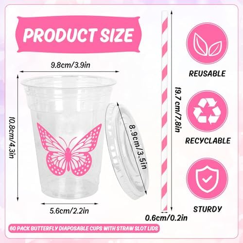 Whaline 60Pcs Butterfly Disposable Plastic Cups with Lids and Straws Pink Purple Blue Butterfly Cold Beverage Drinking Cups for Wedding Birthday Baby Shower