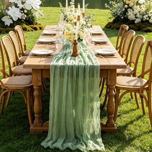 6Pcs Sage Green Cheesecloth Table Runner, 10FT Rustic Green Boho Gauze Table Runner for Spring Easter Woodland Safari Baby Shower Bridal Shower Wedding Tea Party Birthday Decorations