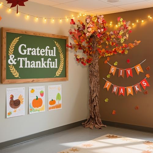 Thanksgiving Classroom Tree Bulletin Board Set Fall DIY 3D Kraft Craft Cardboard Tree with Simulated Maple Leaves Thanks Giving Banner Wall Decor for Autumn Rustic School Elementary Teacher Chalkboard