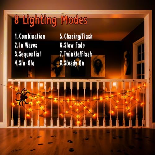 Halloween Decorations Spider Web Lights 6FT 60LED Battery Operated/USB Powered with Black Spider with Timer 8 Modes Indoor Outdoor for Halloween Decor, Orange
