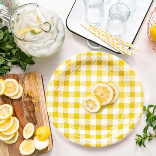 Vyntra 50 Pcs Yellow Gingham 9 Inch Round Paper Dinner Plates