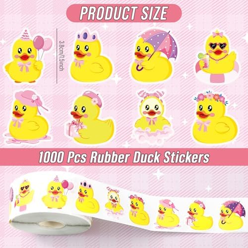 Whaline 1000 Pcs Pink Rubber Duck Roll Stickers Self-Adhesive Cute Girls Duck Themed Label Decals for Envelope Water Bottle Scrapbook Decor Spring Summer Birthday Party Supplies