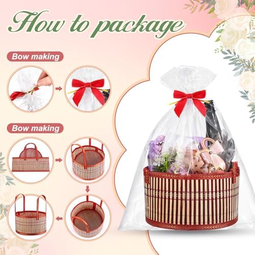 Weysat 6 Set Baskets for Gifts Empty Bulk, Large Woven Bamboo Gift Basket Kit with Handles, Bow, Wrap Bag to Fill for Raffle Thanksgiving Day Wedding Birthdays Party Wrapping (Red)