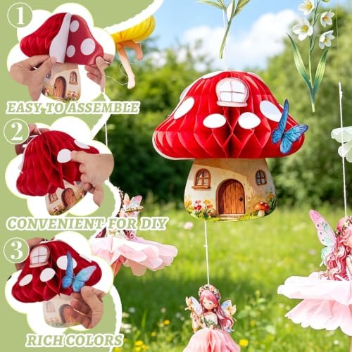 Fairy Mushroom House Party Decoration Set Honeycomb Paper Table Top Decoration Party Flower Fairy Theme for Kids Birthday Party