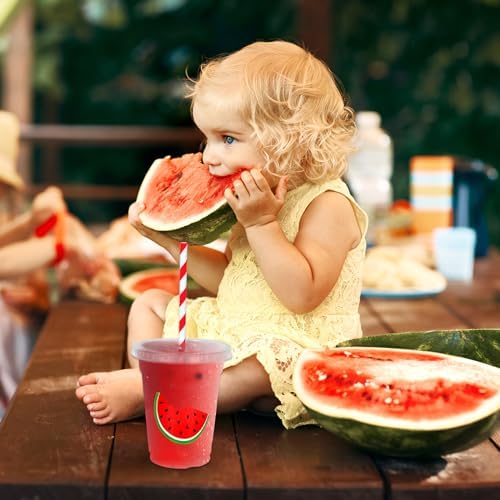 Whaline 50Pcs Watermelon Disposable Plastic Cups with Lids and Straws 12 Oz Red Watermelon Cold Beverage Drinking Cups for Summer Fruit Birthday Party Supplies