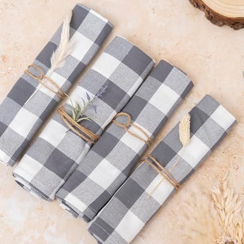 Gray Cloth Cotton Dinner Napkins - 100% Cotton, 12-Pack, 20"x20" Checkered Gingham Gray Cotton Napkins for Parties, Weddings, Baby Showers and Other Events - Plaid, Reusable and Washable