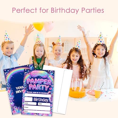 Pamper Birthday Invitation Girl, Pamper Spa Double-Sided Fill In Style Invites with Envelopes for Birthday, Glitz Glam Makeup Glow Party Invitation For Girls, Teens, Bday Party Favor & Decoration