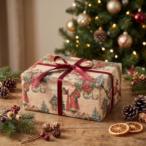 RUSPEPA Kraft Vintage Christmas Wrapping Paper Roll, Mini Roll, Classic Santa with Snowy Village & Poinsettia Design, Kraft Rustic Gift Wrap for Family, Holiday, Christmas, 17 Inches x 16.4 Feet