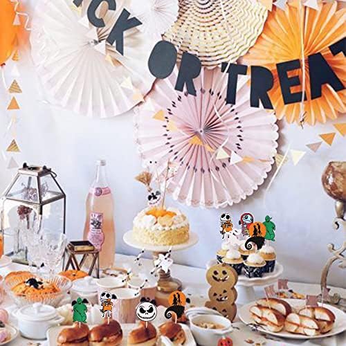 24 PCS Jack Skellington Halloween Cupcake Toppers Glitter Skull Ghost Jack and Sally Cupcake Picks for Nightmare Theme Wedding Anniversary Birthday Party Cake Decorations Supplies