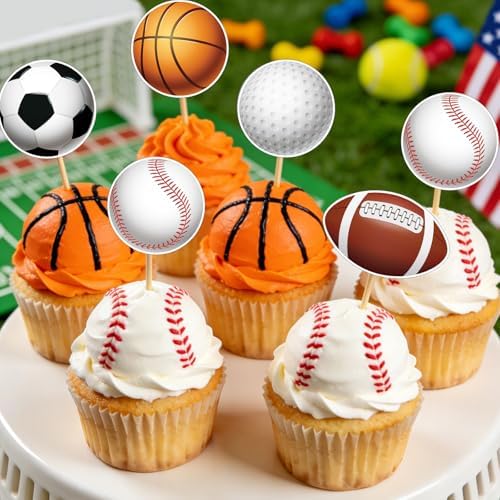 Hooqict 40Pcs Sports Cupcake Toppers Football Soccer Basketball Baseball Golf Ball Cake Topper Decorations Cupcake Picks for Kids Boys Men Game Day Sports Themed Birthday Party Decorations