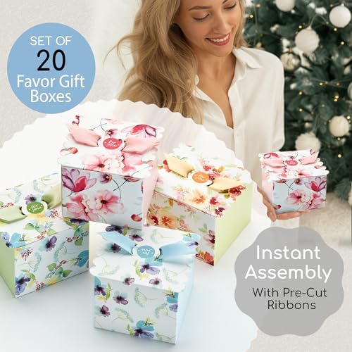 Small Floral Gift Boxes with Ribbons (20 Pack) Decorative Mini Treat Boxes