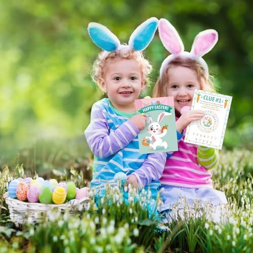 HOWAF 11pcs Outdoor Easter Hunt Clues Cards, Outdoor Easter Party Games Easter Scavenger Hunt with Friends, Family